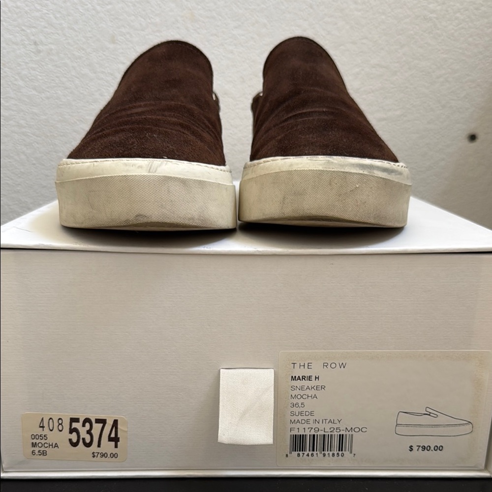 The Row Slip-on Brown Suede Sneakers with Minimalist Design in size 36.5